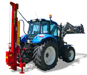 Telescoping Expander postdriver mounted directly behind 4WD tractor with forks